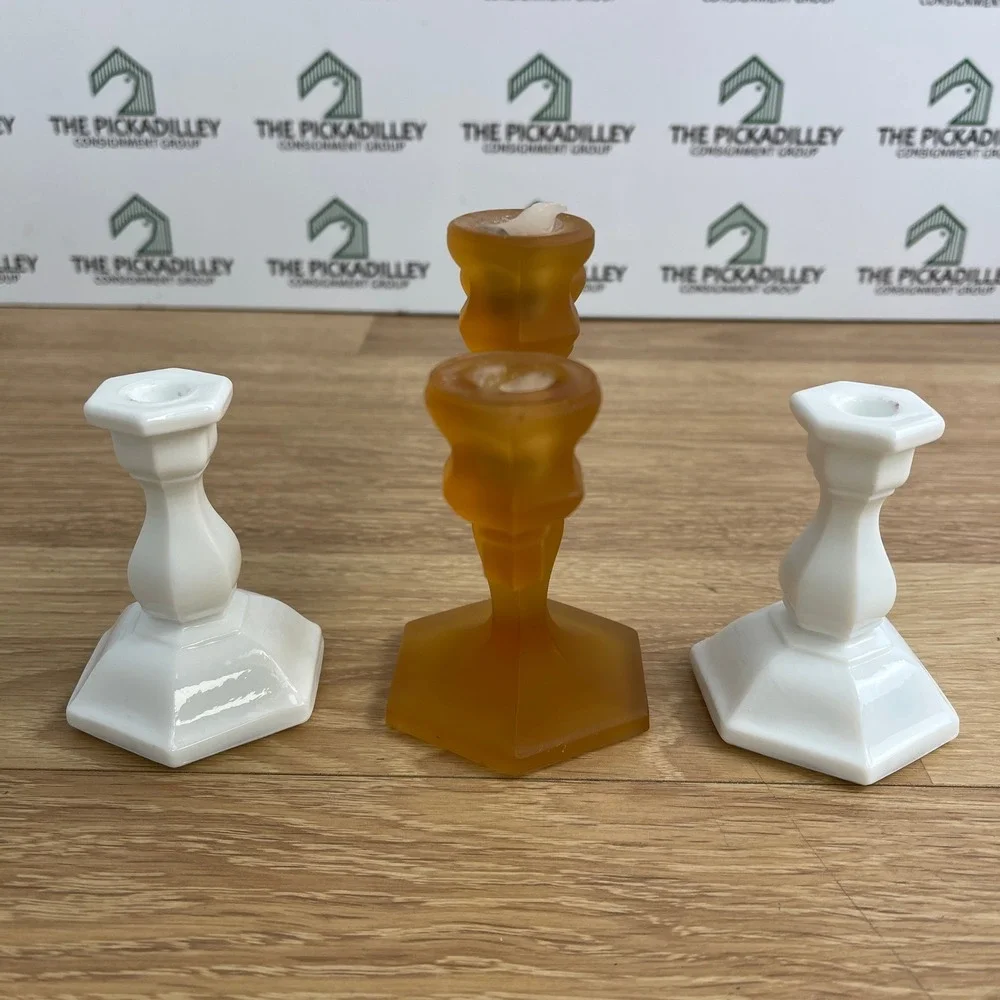 Vintage Amber Frosted Glass Candelabra and White Milk Glass Taper Holder Set 3pc